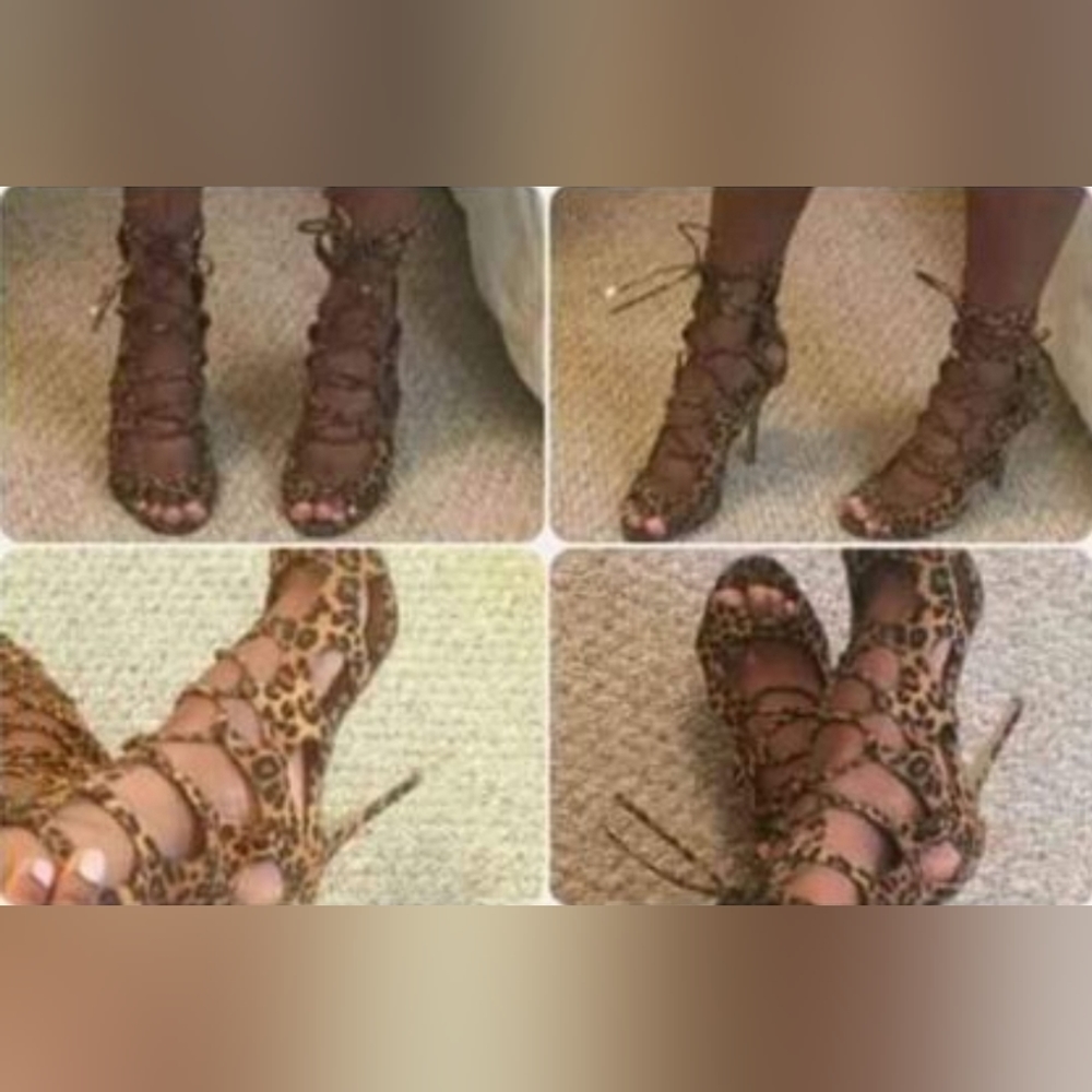 Breckelles Roma-61 Lace-Up Gladiator Peep Toe High Heel: (1) Leopard & Blue~5.5 - Picture 3 of 10